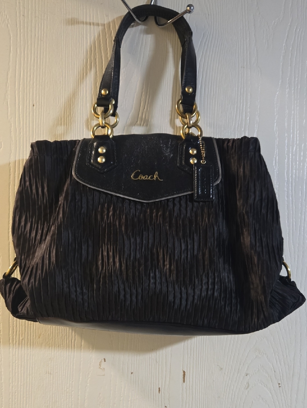 Coach Adhley Black Pleated Shoulder Tote with Gold Hardware